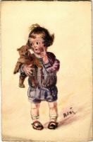 Hand-painted children art postcard with teddy bear (EK)