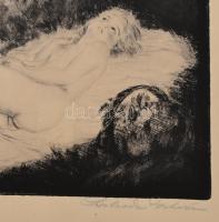 Prihoda István (1891-1956): Fekvő akt. rézkarc, papír. Jelzett Üvegezett biedermayer cseresznyefa fa...