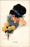 1914 Flowers Lady art postcard. Grüner & Simon Serie 2028/4. s: Fuhrmann (EK)