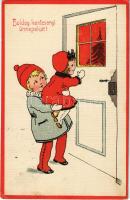 1922 Boldog karácsonyi ünnepeket / Christmas greeting art postcard with children (EK)