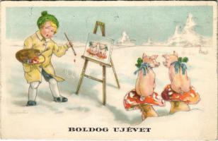 1939 Boldog Újévet / New Year greeting art postcard, painter with pigs (fl)