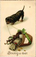 1928 Boldog Újévet / New Year greeting art postcard with Dachshund dog (EK)