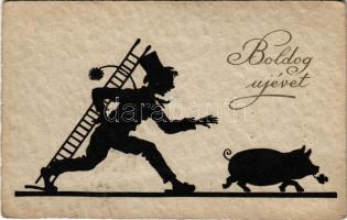 1926 Boldog Újévet / New Year greeting art postcard with chimney sweeper and pig, silhouette (fa)