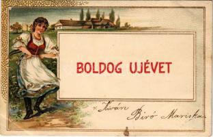 1904 Boldog Újévet / New Year greeting art postcard, Hungarian folklore. Art Nouveau, Emb. litho (EB)