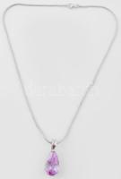 Ezüst(Ag) kígyó nyaklánc lila köves medállal, jelzett, h: 40 cm, bruttó: 15,4 g