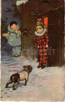 1926 Children art postcard with dog and clown (EK)