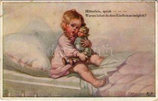 1924 Mütterlein, sprich... / Children art postcard, girl with doll. Wohlgemuth &amp; Lissner No. 1108. &quot;Puppenmütterchen&quot; s: W. Fialkowska (EB)