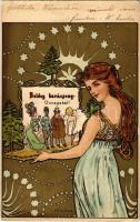 1905 Boldog karácsony ünnepeket / Art Nouveau lady with Christmas greeting. litho s: Kieszkow (kis szakadás / small tear)