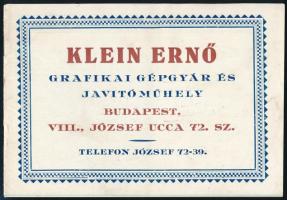 cca 1920 Klein Ernő grafikai gépgyár és javító műhely képes termékbemutató füzet 14 p.