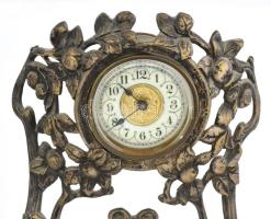 Art nouveau asztali óra. Ezüstözött alpakka, gyümölcsfák között kapaszkodó nőalakot megformáló kompo...