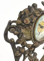 Art nouveau asztali óra. Ezüstözött alpakka, gyümölcsfák között kapaszkodó nőalakot megformáló kompo...