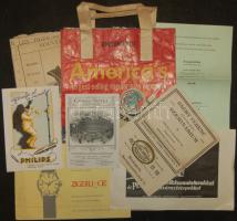cca 1900-1940 11 db vegyes reklámnyomtatvány: szórólap, címke, reklámszatyor / Commercial prints