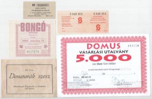 5db-os vegyes sorsjegy, vásárlási utalvány és tombolajegy tétel, közte Máriabesnyő 1939. "Máriabesnyői Fogyasztási és Értékesítő Szövetkezet" utalványa 90%-os denaturált szeszről, vízjeles papíron, hátoldalán pecséttel T:AU-F közte tűzőgép lyuk