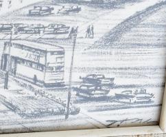 Jelzés nélkül: Nyugat-berlini részlet a Funkturmmal. Ceruza, papír. Üvegezett keretben. 24x37 cm