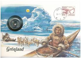 Grönland, benne Dánia 1987. 25ö felbélyegzett borítékban, bélyegzéssel, német nyelvű leírással T:UNC  Greenland with Denmark 1987. 25 Öre coin in envelope with stamp and cancellation, with German description C:UNC