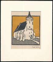 Kós Károly (1883-1977): Templom. Linómetszet, papír, paszpartuban, utólagos jelzéssel, 10,5×10,5 cm