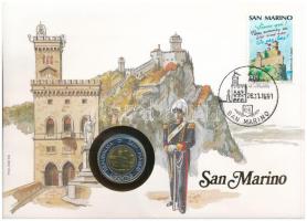 San Marino 1991. 500L Bimetál felbélyegzett borítékban, bélyegzéssel, német nyelvű leírással T:UNC San Marino 1991. 500 Lire Bimetallic in envelope with stamp, cancellation and a prospectus in german C:UNC