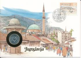 Jugoszlávia 1983. 10D Cu-Ni felbélyegzett borítékban, bélyegzéssel, német nyelvű tájékoztatóval T:UNC Yugoslavia 1983. 10 Dinara Cu-Ni in envelope with stamp, cancellation and a prospectus in german C:AU