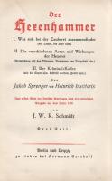 Sprenger, Jakob - Institoris, Heinrich: Der Hexenhammer. (Malleus Maleficarum.) Zum ersten Male ins Deutsche übertragen und eingeleitet von J. W. R. Schmidt. Drei Teile [in Einzelbd.] [I-III. kötet, egybekötve.]  Erster Teil: Was sich bei der Zauberei zusammenfindet. 1. Der Teufel. 2. Der Hexer oder die Hexe. 3. Die göttliche Zulassung. -- Zweiter Teil: Die verschiedenen Arten und Wirkungen der Hexerei und wie solche wieder behoben werden können. -- Dritter Teil: Der Kriminal-Kodex: Über die Arten der Ausrottung oder wenigstens Bestrafung durch die gebührende Gerechtigkeit vor dem geistlichen oder weltlichen Gericht. Index über alle drei Teile. Dritte Auflage. Berlin, 1922-1923. Hermann Barsdorf Verlag (Druck von Friedrich Wagner, Duderstadt i. Hann). XXXIV + [1] + 151 + [1] p.; [6] + 190 + [2] p.; VII + [1] + 247 + [1] p. A hírhedt démonológiai kézikönyv, a késő középkorban keletkezett boszorkányvadász traktátus a Tirolban működő, és onnan a helyi püspök által kitiltott Heinrich Kramer (Heinrich Institoris) német klerikus latin nyelvű műve, első kiadása ,,Malleus Maleficarum" címmel 1486-ban, Speyerben jelent meg. A traktátus 1519-től megjelenő kiadásaiban már Jacob Sprenger dominikánus szerzetes is szerepel szerzőként. Jóllehet az inkvizíció nem ismerte el hivatalos kézikönyvként, és igen komoly teológiai kifogásai voltak a munka ellen, a munka Európa számos reneszánsz udvarában komoly figyelmet keltett, és rengeteg kiadásának betudhatóan komoly hatást gyakorolt az 1560 és 1630 között kibontakozó boszorkányüldözésre, mely katolikus és protestáns földeken egyaránt dívott. A Malleus Maleficarium szövegének német fordítása előtt alapos irodalomtörténeti tanulmány. Ackermann I, 699. Kiadói egészvászon kötésben, gerincén feliratozott címkével, az eredeti borítók bekötve. Jó példány.