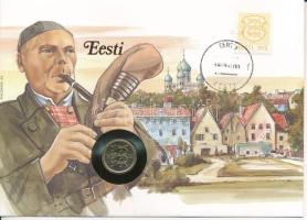 Észtország 1992. 50s Cu-Al-Ni felbélyegzett borítékban, bélyegzéssel, német nyelvű tájékoztatóval T:UNC Estonia 1992. 50 Senti Cu-Al-Ni in envelope with stamp, cancellation and a prospectus in german C:UNC