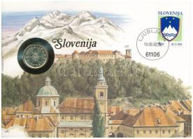 Szlovénia 1991. 0,10L sárgaréz kereskedelmi zseton felbélyegzett borítékban, bélyegzéssel, német nyelvű leírással T:UNC Slovenia 1991. 0,10 Lipe brass trade token in envelope with stamp, cancellation and a prospectus in german C:UNC