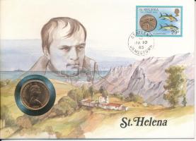 Szent Ilona 1984. 1p felbélyegzett borítékban, bélyegzéssel, német nyelvű leírással T:AU Saint Helena 1984. 1 Penny in envelope with stamp and cancellation, with German description C:AU