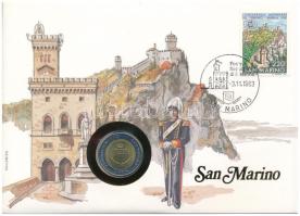 San Marino 1983. 500L bimetál &quot;Az atomháború fenyegetése&quot; felbélyegzett borítékban, bélyegzéssel, német nyelvű leírással T:UNC San Marino 1983. 500 Lire Bimetallic &quot;Threat of Nuclear War&quot; in envelope with stamp, cancellation and a prospectus in german C:UNC