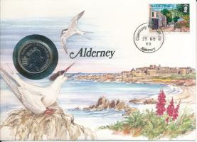 Guernsey / Alderney 1988. 10p Cu-Ni felbélyegzett borítékban, bélyegzéssel, német nyelvű leírással T:UNC Guernsey / Alderney 1988. 10 Pence Cu-Ni in envelope with stamp, cancellation and a prospectus in german C:UNC