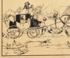 cca 1935-1940 Kőnyomat nyomódúc karikírozott falusi életkép jelenettel. Sérülésekkel, 22x27,5 cm