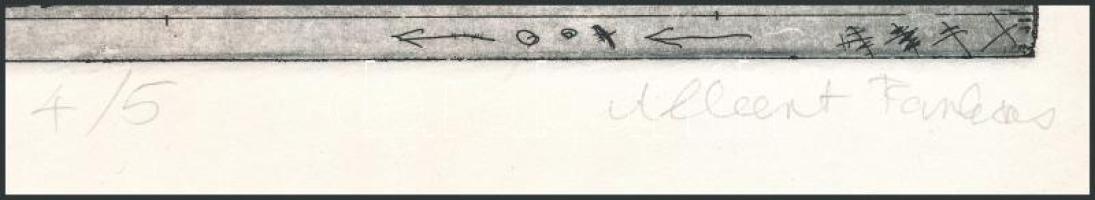 Albert Farkas (-): Naplopó, 2001. Rézkarc, papír, jelzett, művészpéldány 4/5 számozással. 5x20,5 cm