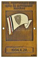 Berán Nándor (1889-1965) 1934. "Orsz. Frontharcos Szöv. Auto és Motorsport Osztálya" egyoldalas bronz plakett zománcozott zászlóval és a szövetség címerével, hátlapon gyártói jelzés "Budapest Döbrentei u.2." (65x42mm) T:AU,XF kétoldalt rögzítéshez fúrt lyukak Hungary ~1930. "Orsz. Frontharcos Szöv. Auto és Motorsport Osztálya" one-sided bronze plaque with enamel inlay flag. Sign.: Nándor Berán, with "Budapest Döbrentei u.2." maker's mark (65x42mm) C:AU,XF with drilled holes on the sides for fastening puropses