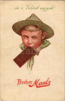 1926 ...Én is veletek vagyok! Dreher Maul csokoládégyár reklámlapja, cserkészfiú. Korvin Testvérek kiadása / Hungarian chocolate factory's product advertisement, boy scout + "Cserkész-Nagytábor Budapest 1926" So. Stpl. (fa)