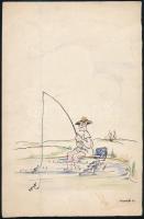 Kern /Kenedi/ Andor (1906-?), 2 db karikatúra: Vadász és halász. Tus, akvarell, papír, mindkettő jel...