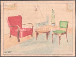 cca 1920-40 Art deco bútor- és enteriőrtervek, 2 db. Akvarell, papír. Apró sérüléssel. 25x34 cm