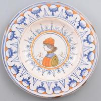 Deruta L'antica mázas kerámia dísztál, jelzett, kopott, d: 32 cm