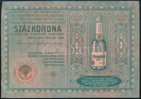 1913. 100 Koronás bankjegy mintájára készült jegyzéklap, Andrényi Kálmán utódai, Arad, szecessziós pezsgő reklám (120x180 mm