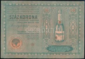 1913. 100 Koronás bankjegy mintájára készült jegyzéklap, Andrényi Kálmán utódai, Arad, szecessziós pezsgő reklám (120x180 mm