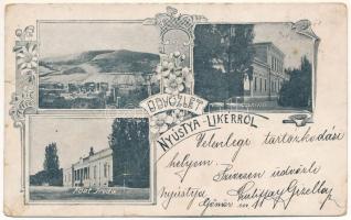 1899 (Vorläufer) Nyustya-Likér, Hnústa-Likier; gyár, kaszinó, Fő út, iroda / factory, casino, main street, office. Art Nouveau, floral (fa)