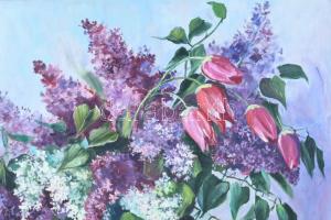 Olvashatatlan jelzéssel: Csendélet. Olaj, vászon. Dekoratív, kissé sérült fakeretben. 64x65 cm