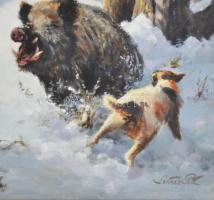 Simon Ferenc (1943-): Megszakítva (vaddisznó vadászata). Olaj, farost. Jelezve jobbra lent Dekoratív...