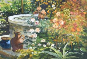 Fekete Zsolt (1964-): Virágos utca. Olaj, farost, jelezve jobbra lent, dekoratív fakeretben. 45×75 c...