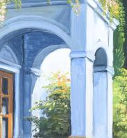 Fekete Zsolt (1964-): Virágos utca. Olaj, farost, jelezve jobbra lent, dekoratív fakeretben. 45×75 c...