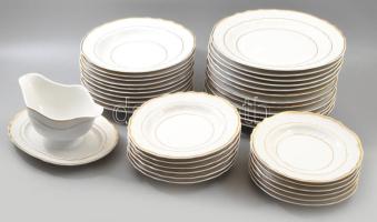Hollóházi aranyozott fehér mázas étkészlet. 10 mélytányér, 12 lapos tányér 6+6 süteményes tányér + t...