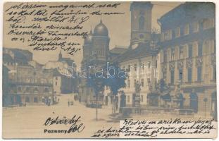 1906 Pozsony, Pressburg, Bratislava; Hal tér, zsinagóga, Szentháromság szobor / square, synagogue, Holy Trinity statue. photo (vágott / cut)