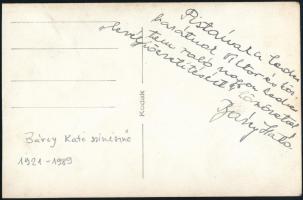 Bárczy Kató (1921-1989) színésznő köszönő sorai és aláírása az őt ábrázoló fotólap hátoldalán