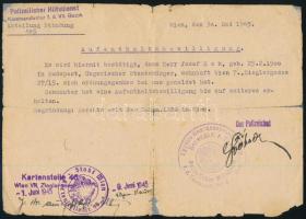 1945 Bécs, tartózkodási engedély magyar állampolgár részére orosz és német nyelvű pecséttel