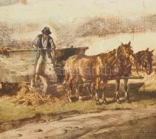 Udvary Pál (1900-1987): Kukoricatörés. Színezett rézkarc, jelzett, üvegezett keretben, 25x33 cm