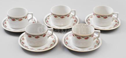 Zsolnay aprórózsás 5 személyes szett, tányér és csésze, jelzett, kopással.