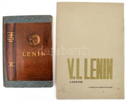 1970 V. I. Lenin - 4 portré, mappa 3 db képpel (egy hiányzik), kissé sérült, 33,5x23,5 cm + Lenin életéről készített összeállítás, kézzel írt bejegyzésekkel és beragasztott kivágásokkal, füzetben