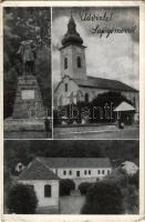 1943 Sajógömör, Gömör, Gemer; Mátyás király szobor, Evangélikus templom, Polgári iskola. Kiadja Csala János / King Matthias, Mathias Rex statue, Lutheran church, school (EK)